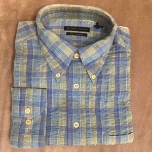 New Henry Jacobson, size Large, blue/sea foam cotton seersucker sport shirt